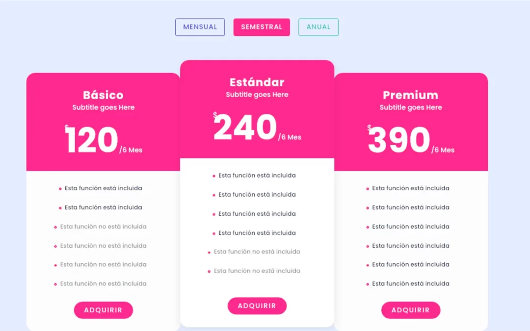 Tablas de precios mensual, semestral y anual 